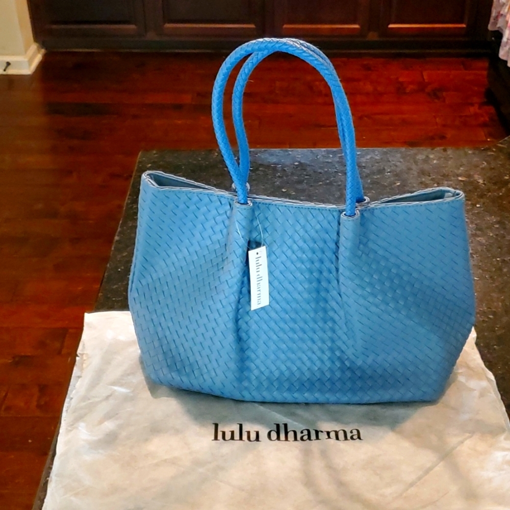 NWT vegan leather dusty blue woven tote shoulder bag lulu dharma